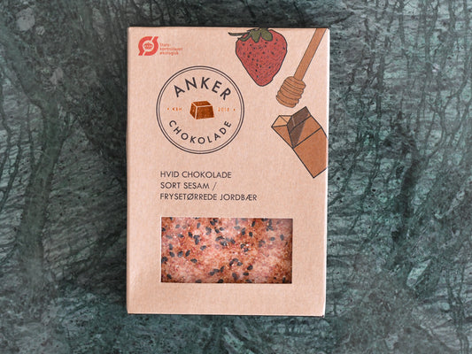 ØKO - Ankers Chokoplade, Hvid m. sesam/jordbær, 100gr
